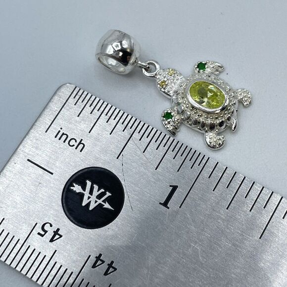 925 Sterling Silver Light Green Cubic Zirconia and Crystal Turtle Charm Dangle - Picture 6 of 6